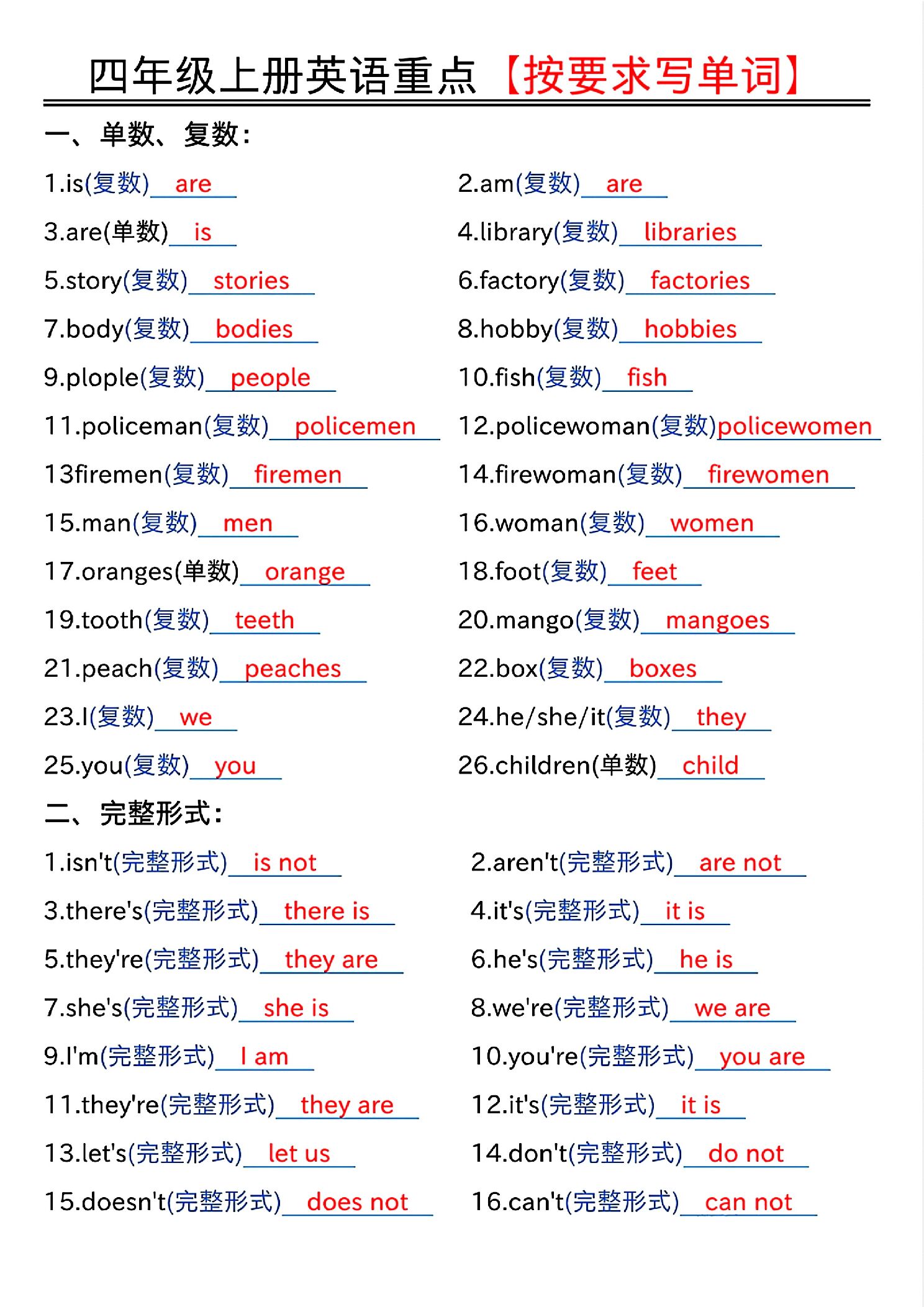 四年级上人教PEP版英语重点按要求写单词（答案）.pdf